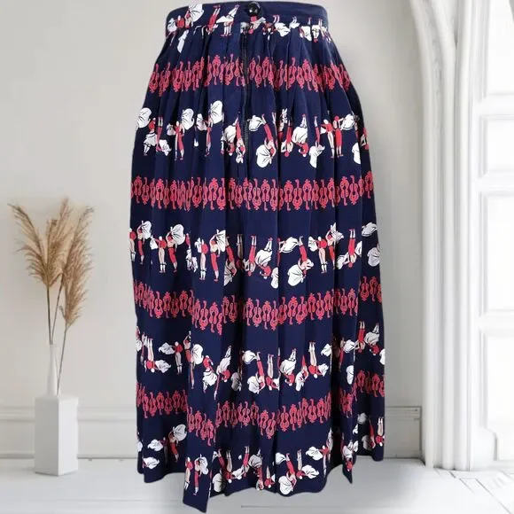 Vintage 50s Full Novelty Print Skirt Size XS Blue Silk Bullfighter Print